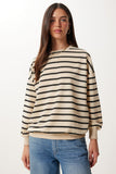 Krem Siyah Çizgili Oversize Örme Sweatshirt ZV00339