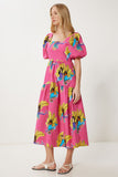 Pembe Sarı Desenli Yazlık Midi Poplin Elbise FK00017