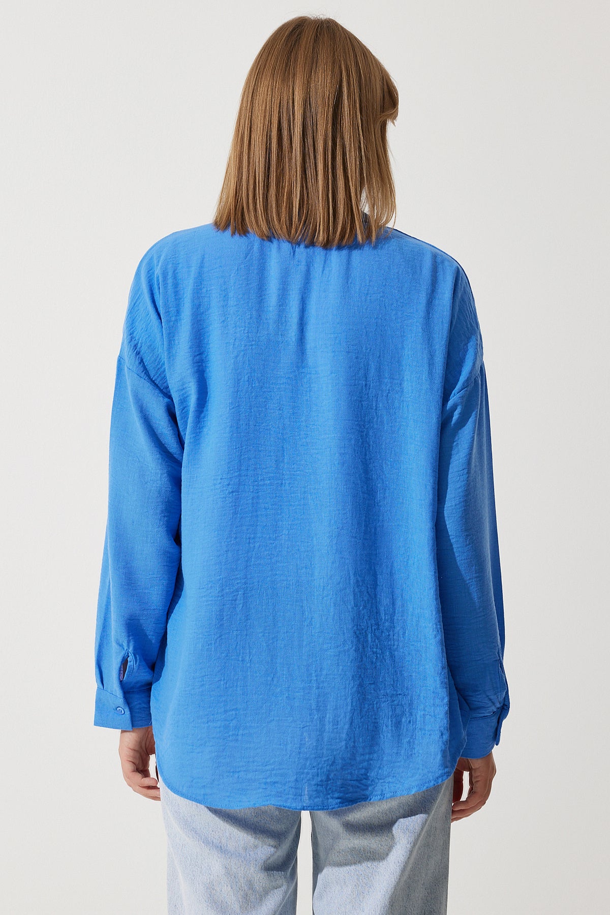 Mavi Oversize Keten Ayrobin Gömlek DD01222