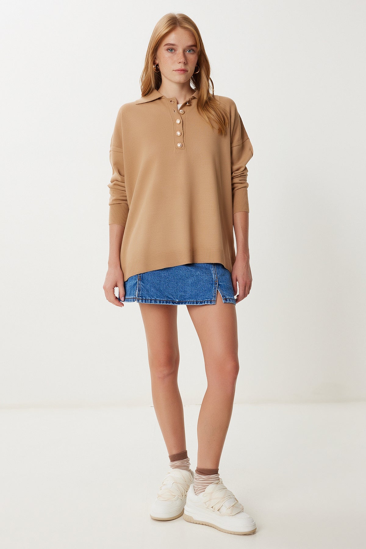Camel Polo Yaka Şık Düğmeli Triko Kazak Kİ00161