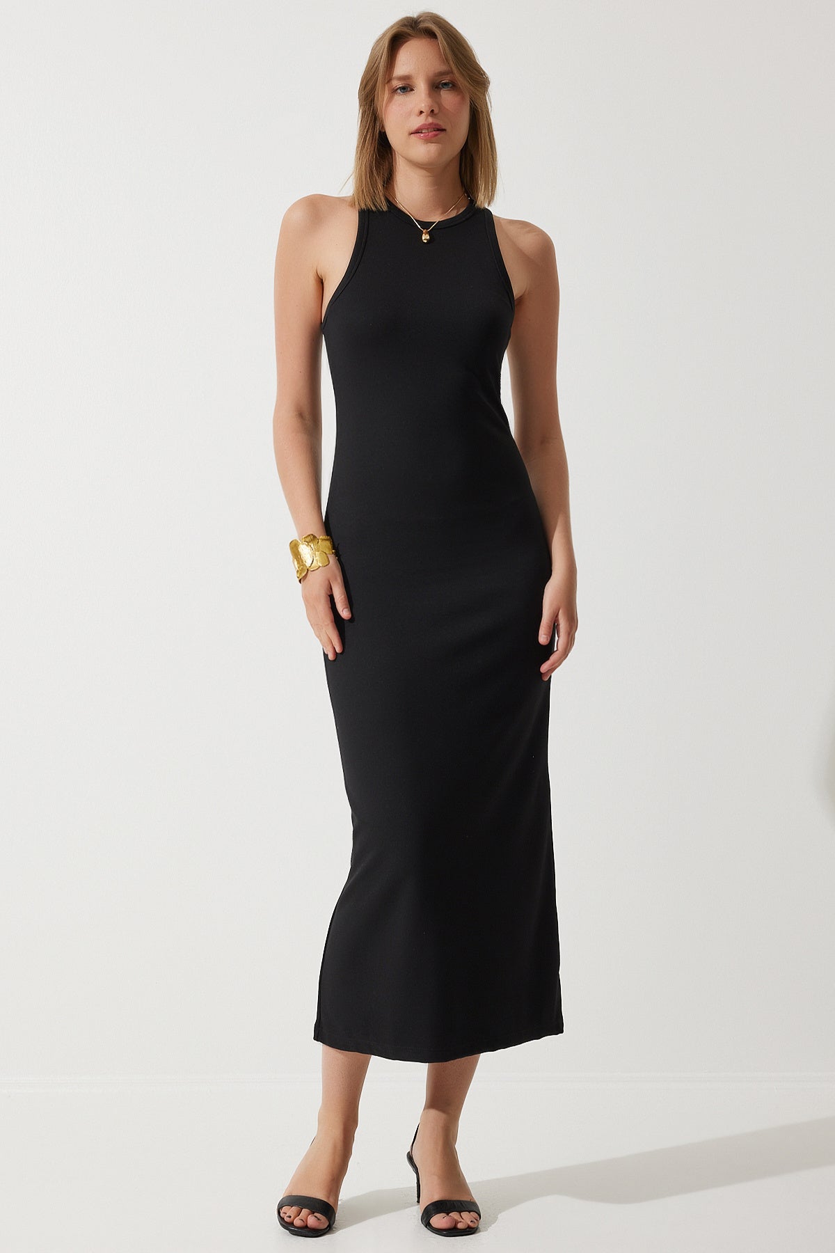 Siyah Halter Yaka Yazlık Çelik Örme Uzun Elbise BP00159
