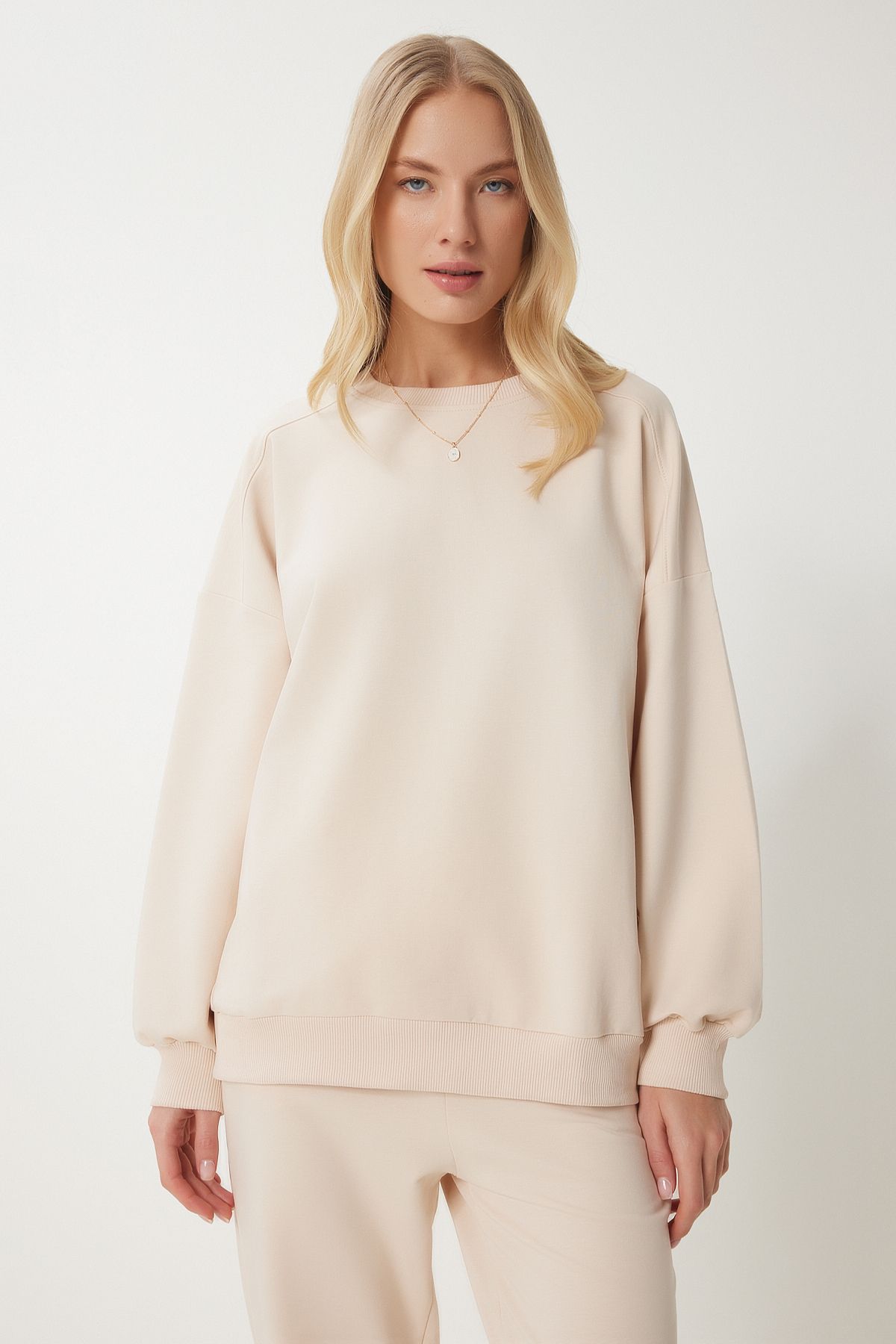 Krem Bisiklet Yaka Oversize Örme Eşofman Takımı FN03456