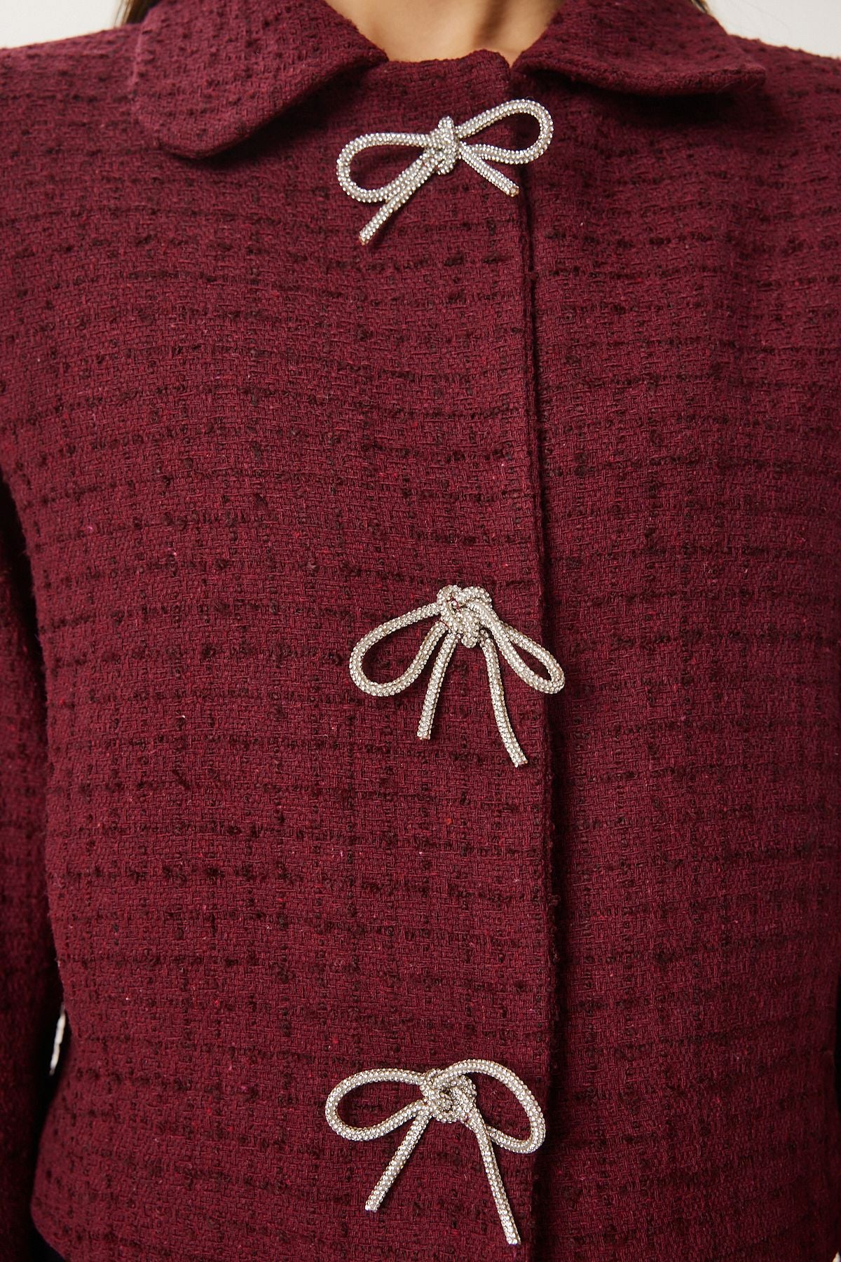 Bordo Şık Fiyonk Detaylı Tüvit Ceket TO00160