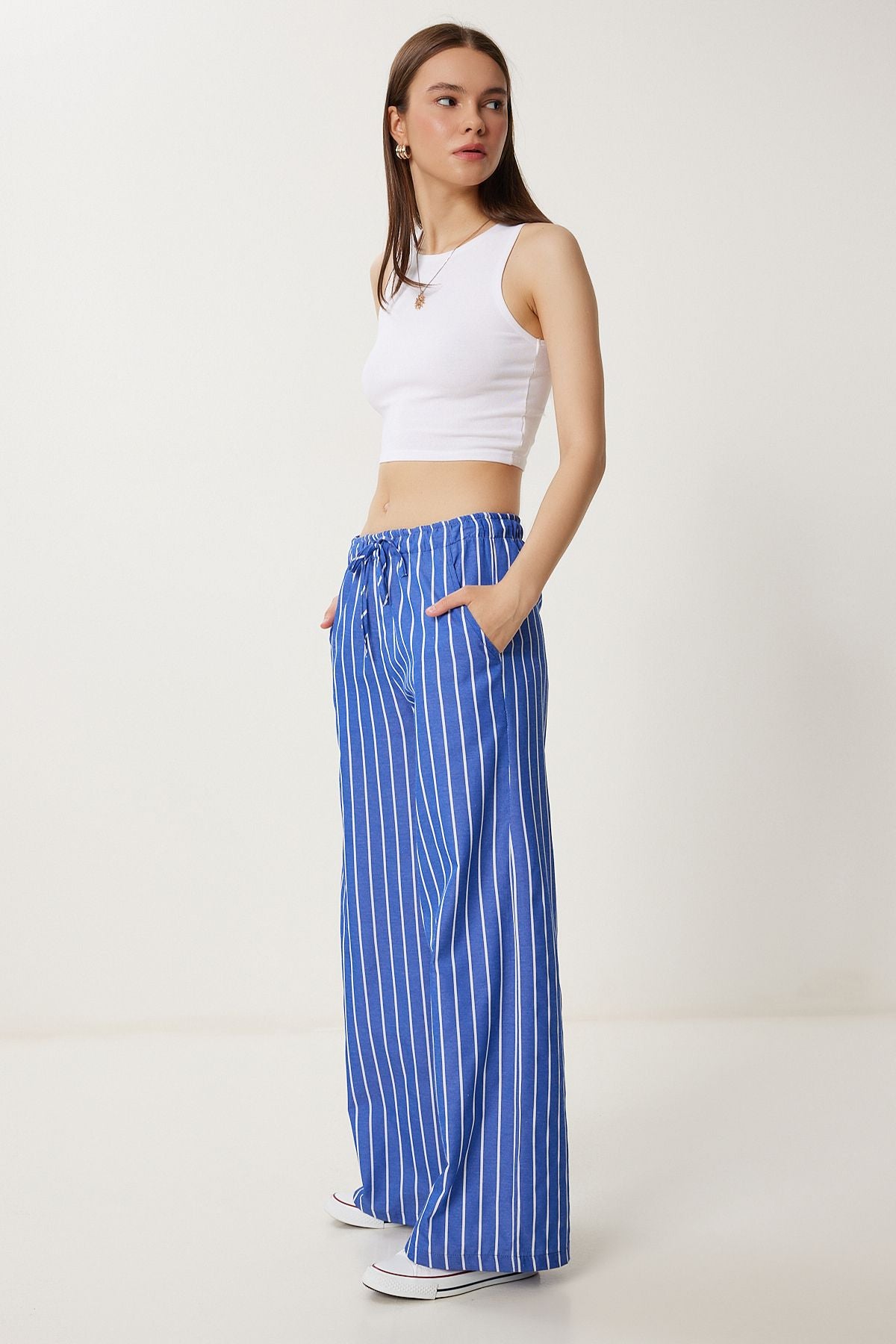 Koyu Mavi Çizgili Geniş Paça Yazlık Pantolon PB00035