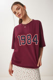 Bordo Oversize Baskılı Örme T-Shirt ZV00280