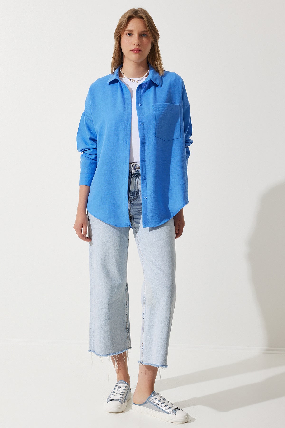Mavi Oversize Keten Ayrobin Gömlek DD01222