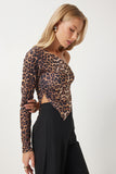 Siyah Bej Leopar Desenli Tek Omuz Asimetrik Dokuma Bluz YK00083