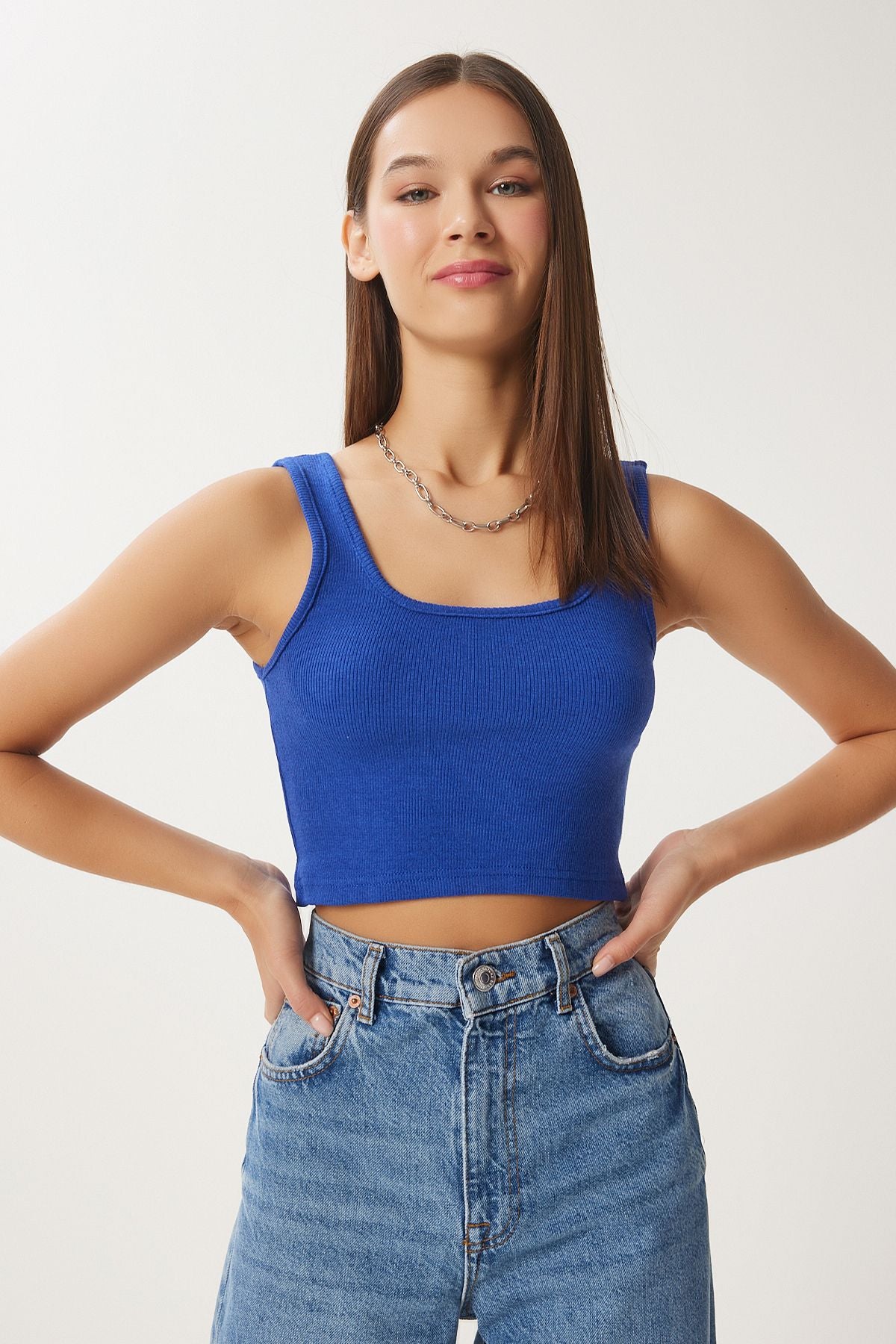 Koyu Mavi Askılı Fitilli Crop Örme Bluz GT00030