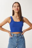 Koyu Mavi Askılı Fitilli Crop Örme Bluz GT00030