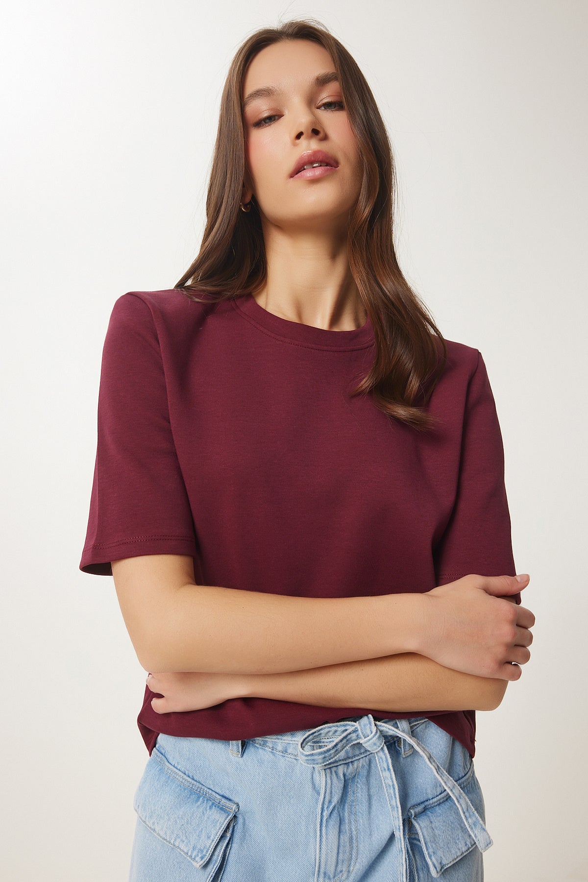 Bordo Vatkalı Pamuklu Örme T-Shirt DZ00121
