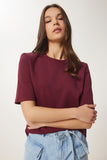 Bordo Vatkalı Pamuklu Örme T-Shirt DZ00121