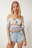 Krem Oranj Desenli Carmen Yaka Esnek Crop Örme Bluz ZH00051