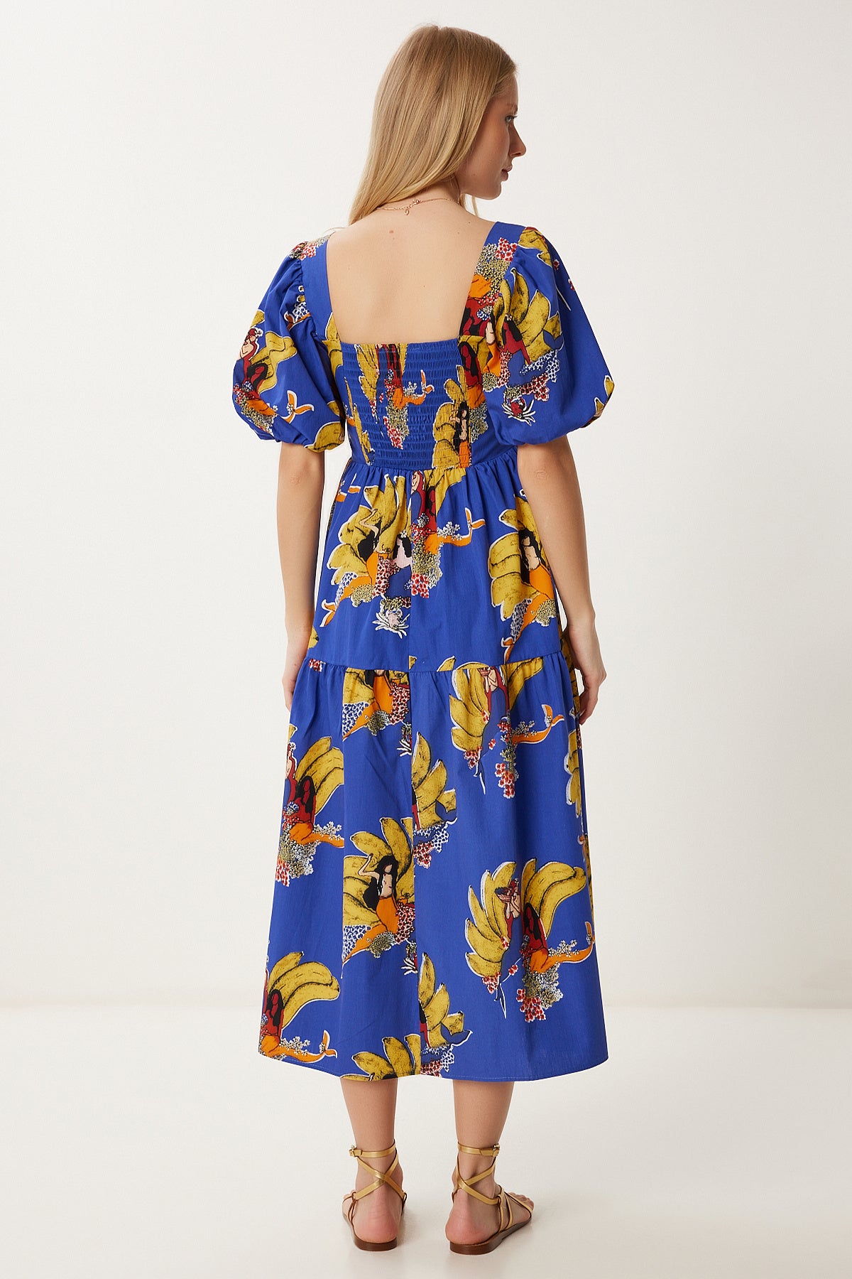 Mor Sarı Desenli Yazlık Midi Poplin Elbise FK00017