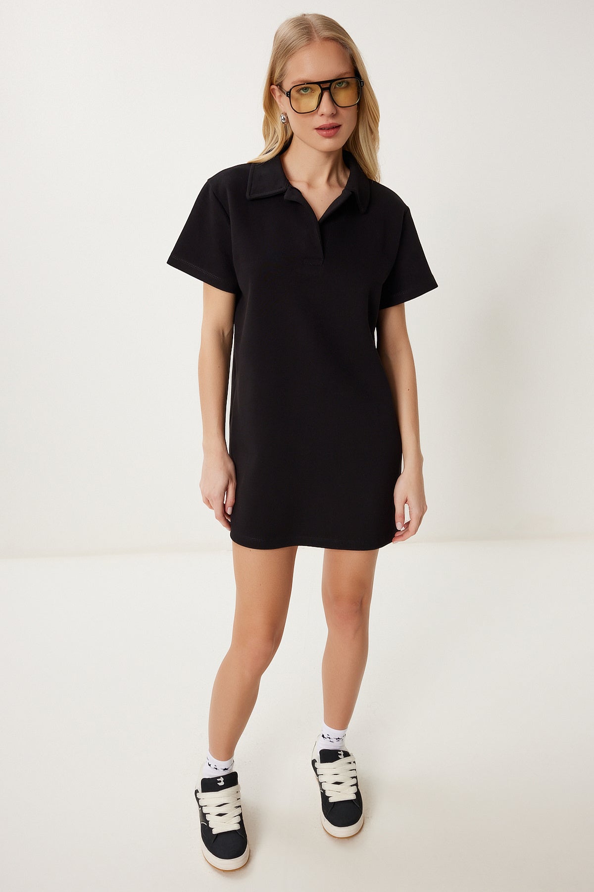 Siyah Polo Yaka Pike Örme Mini Elbise DP00253