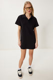 Siyah Polo Yaka Pike Örme Mini Elbise DP00253