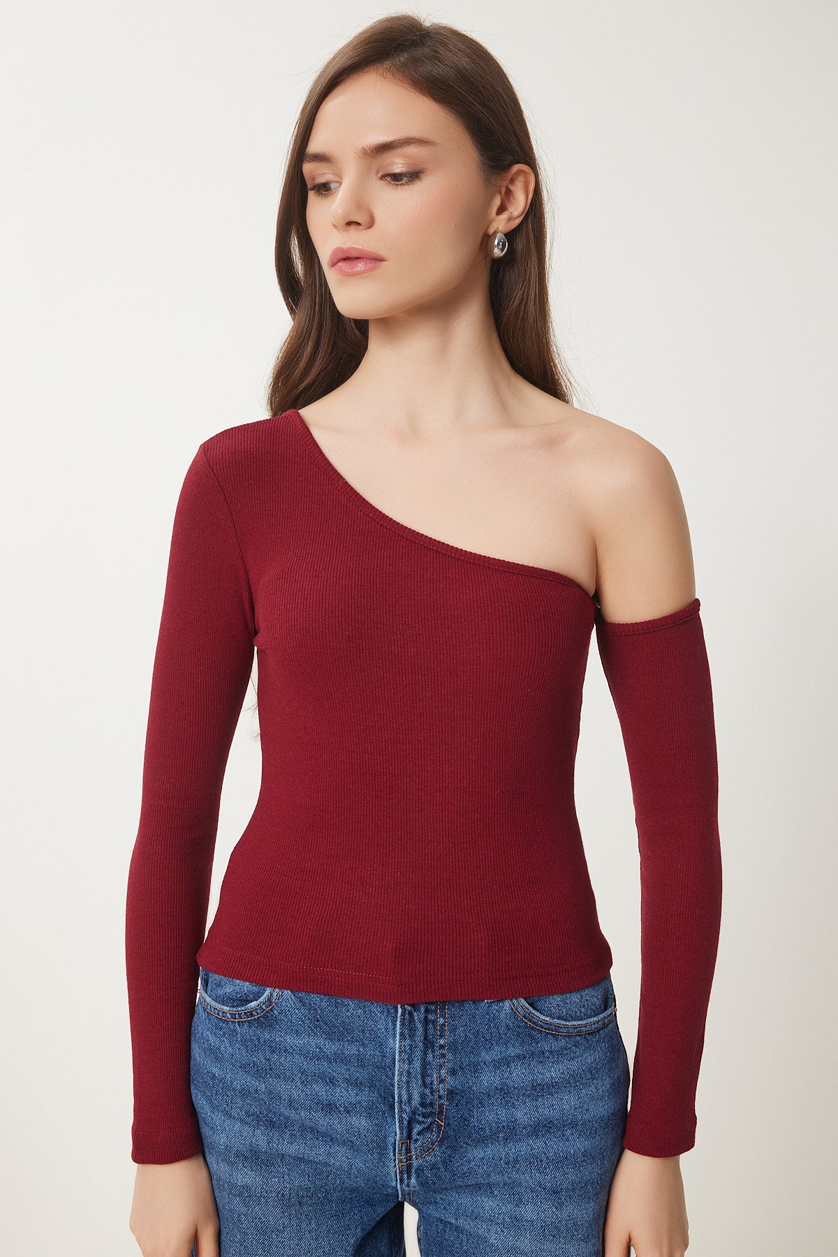 Bordo Açık Omuzlu Fitilli Örme Bluz TG00011
