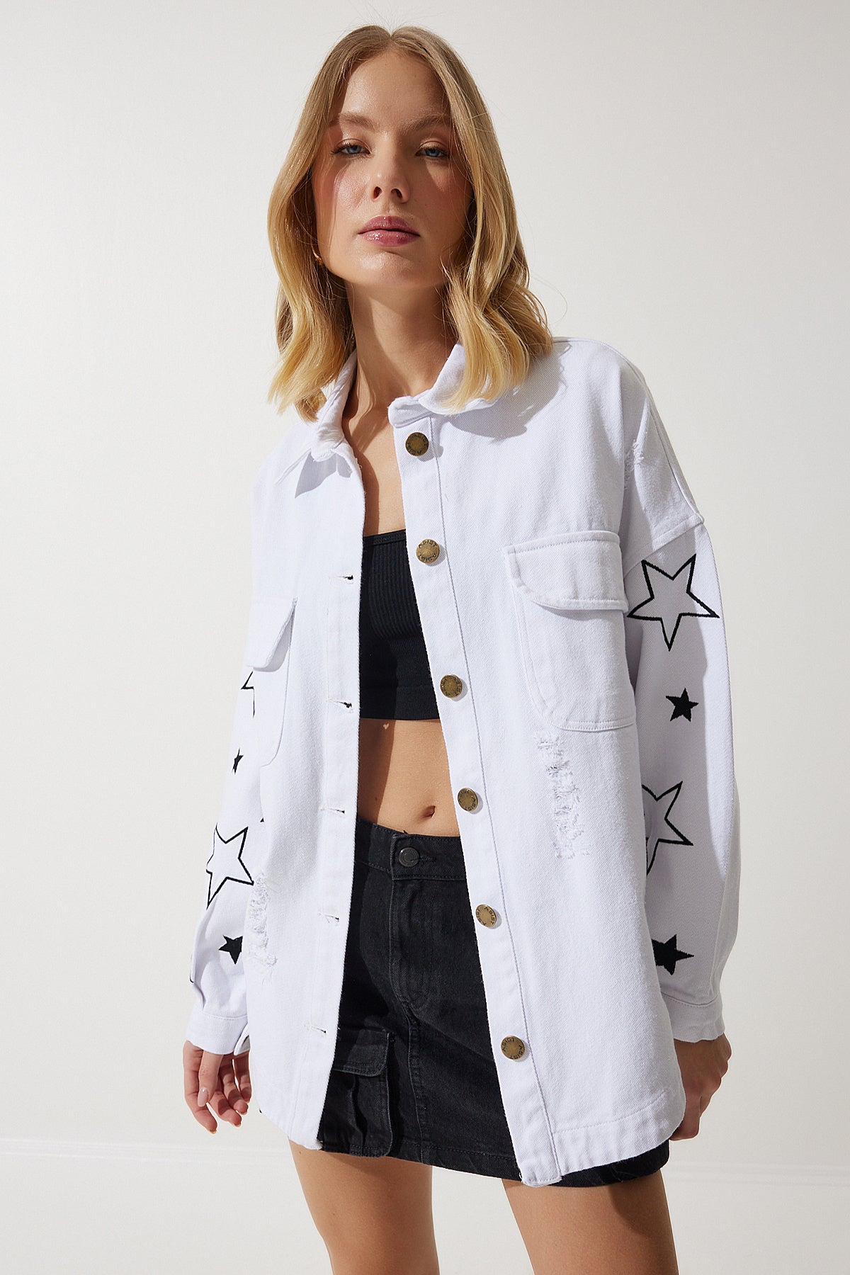 Beyaz Yıldız Nakışlı Oversize Gömlek Ceket SA00026