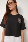 Siyah Ayıcık Armalı Crop Örme T-Shirt ZV00298