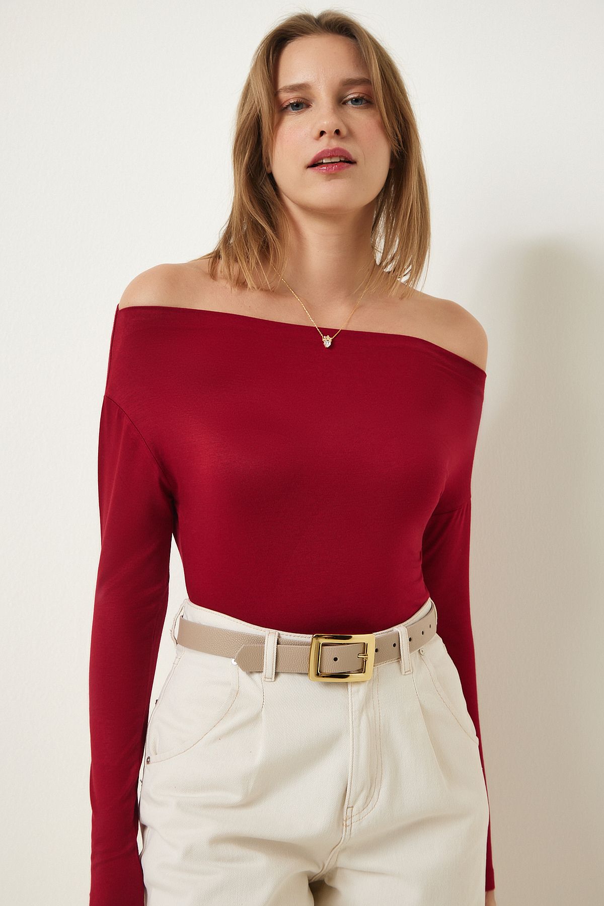 Bordo Kayık Yaka Örme Bluz RX00046