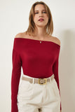 Bordo Kayık Yaka Örme Bluz RX00046