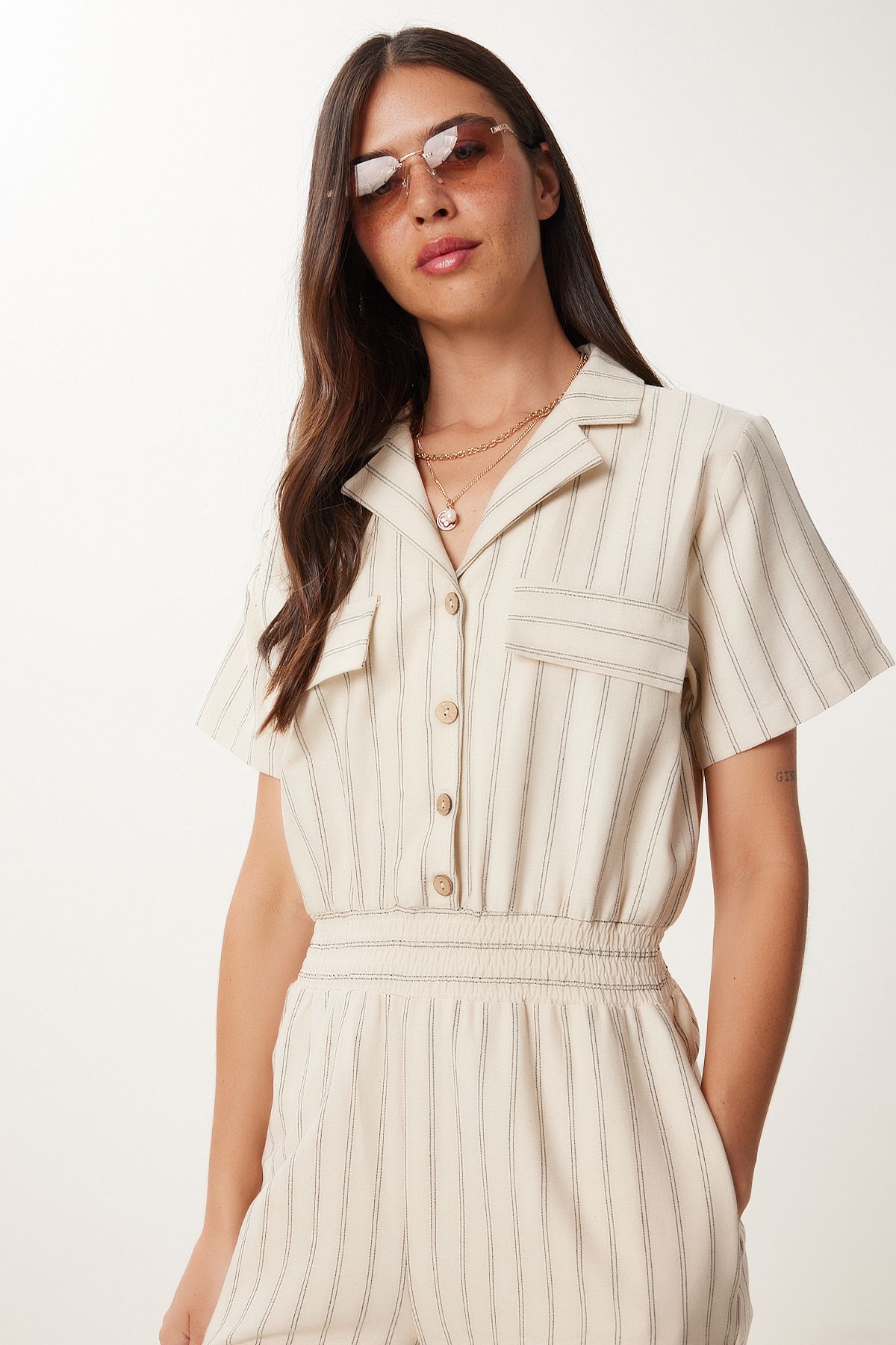 Krem Siyah Polo Yaka Çizgili Keten Tulum BV00166
