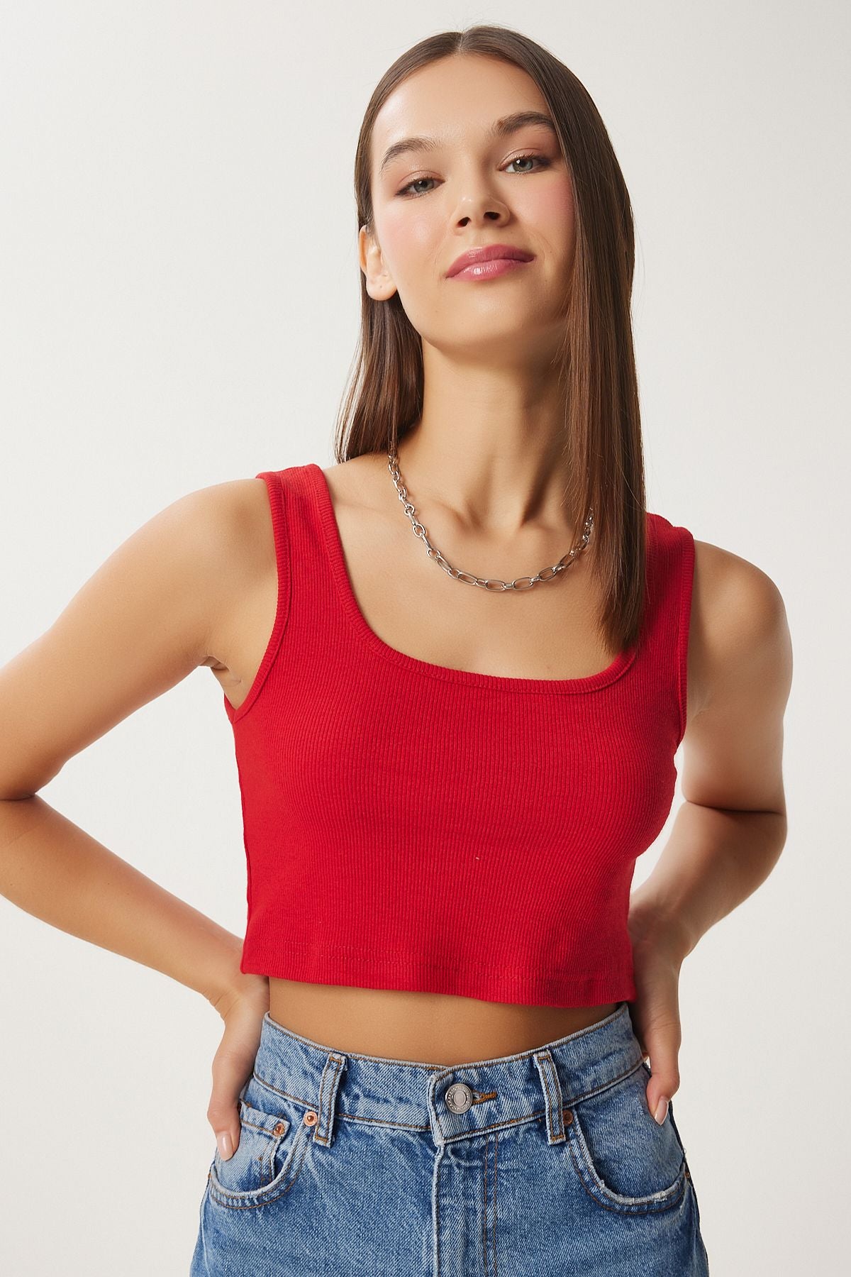 Kırmızı Gri Melanj Koyu Mavi 3'lü Paket Askılı Crop Örme Bluz GT00200