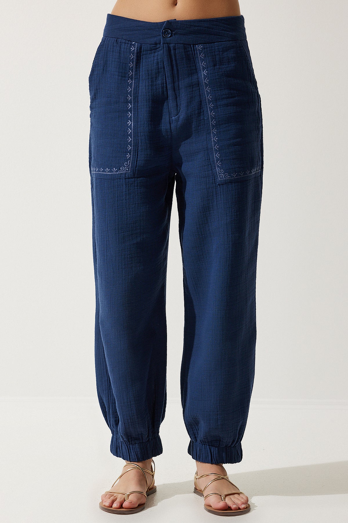 Lacivert Nakış Detaylı Müslin Pantolon SF00019