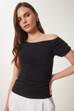 Siyah Büzgü Detaylı Örme Bluz ZV00275
