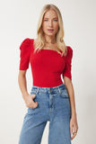 Kırmızı Kare  Yaka Fitilli Crop Bluz GT00007