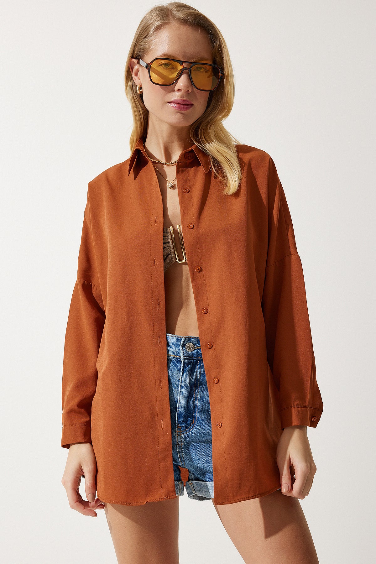 Tarçın Oversize Uzun Basic Gömlek  DD00842