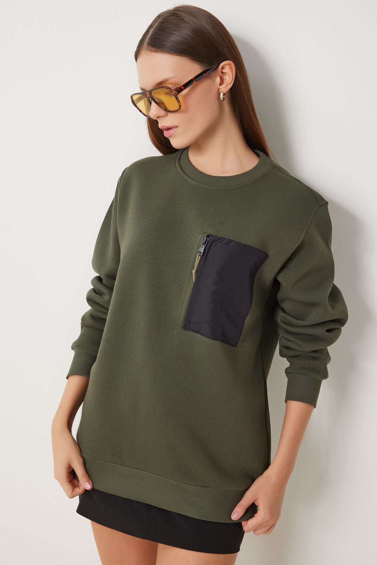 Haki Fermuar Cepli Şardonlu Sweatshirt VN00020