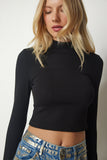 Siyah Dik Yaka Fitilli Kaşkorse Crop Bluz ub00165