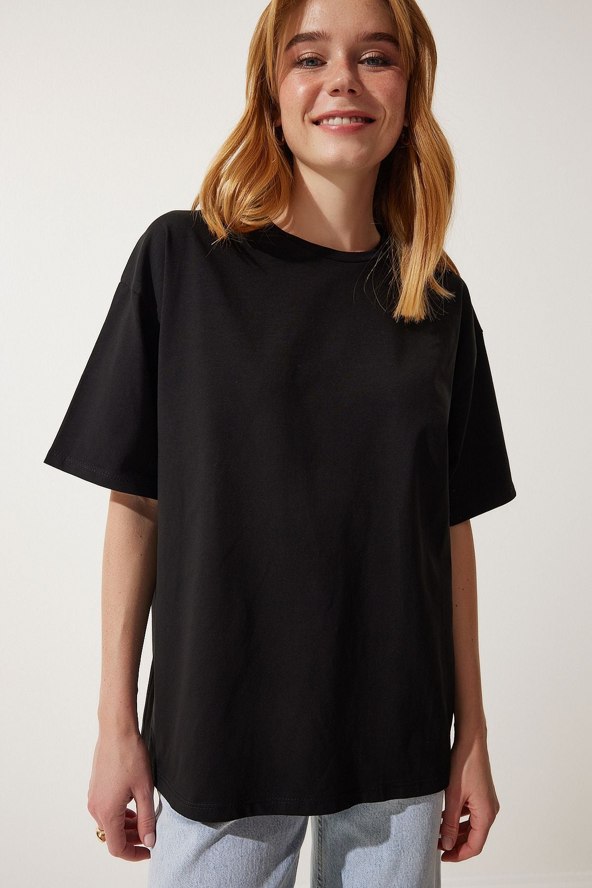 Siyah Basic Oversize Örme T-Shirt HW00007