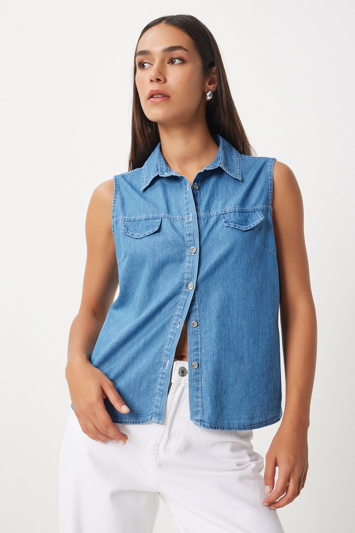 Mavi Cep Kapaklı Denim Yelek DD01332