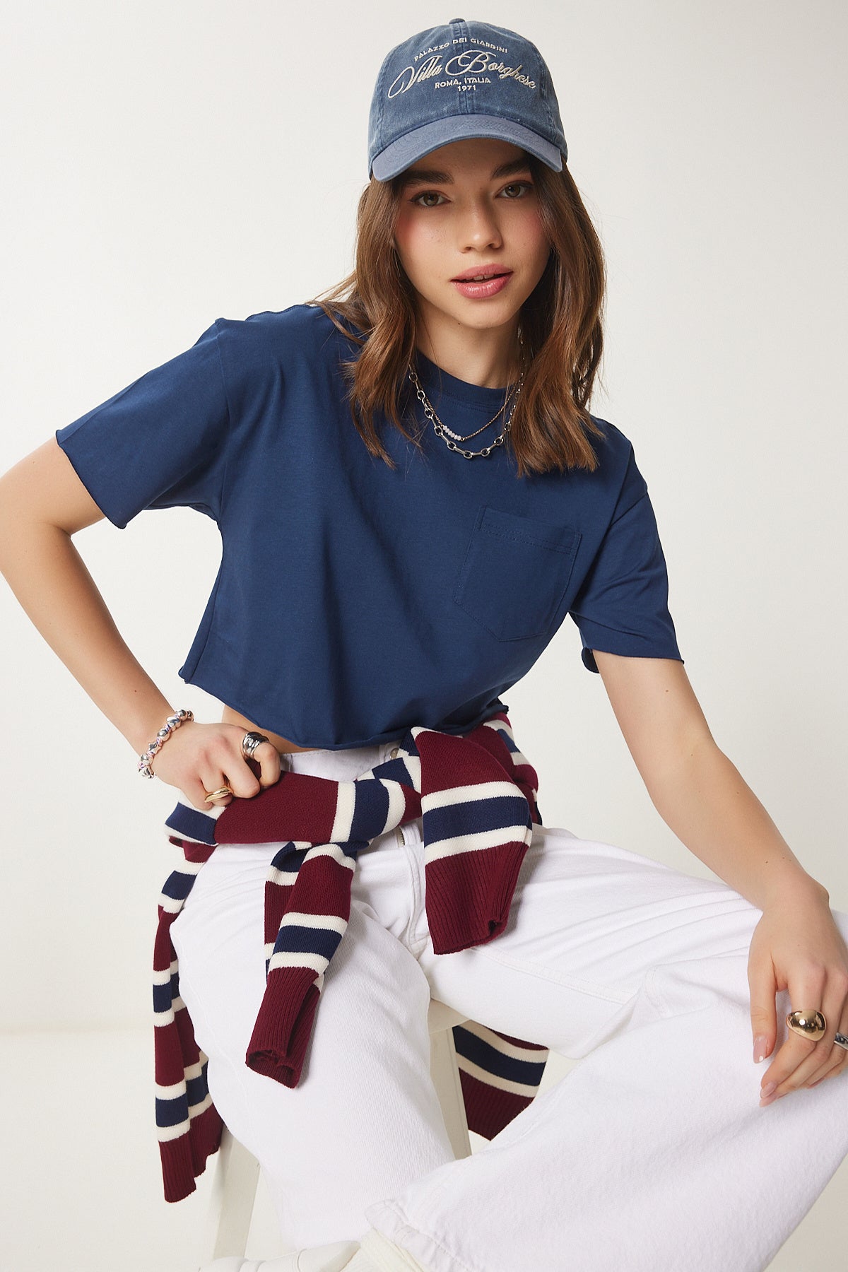 Lacivert Pamuklu Crop Örme T-Shirt CR00443