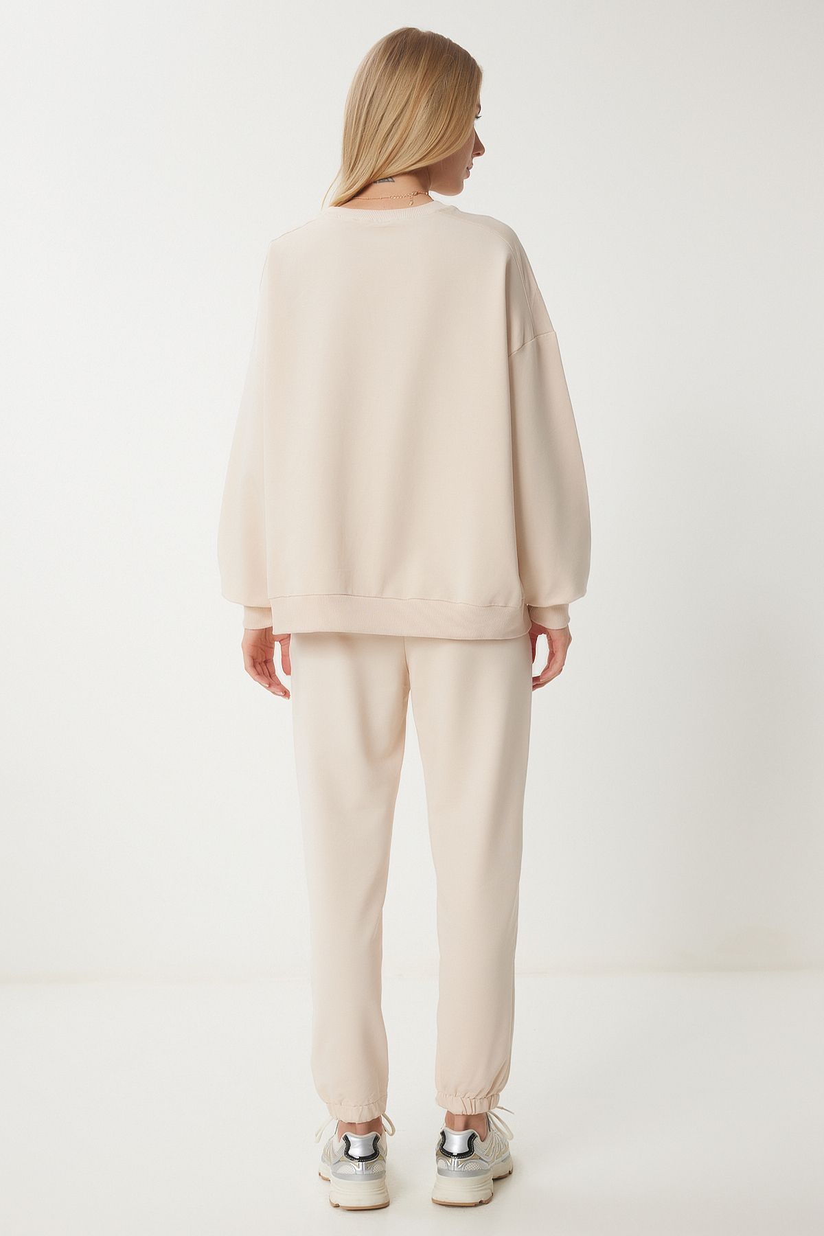 Krem Bisiklet Yaka Oversize Örme Eşofman Takımı FN03456