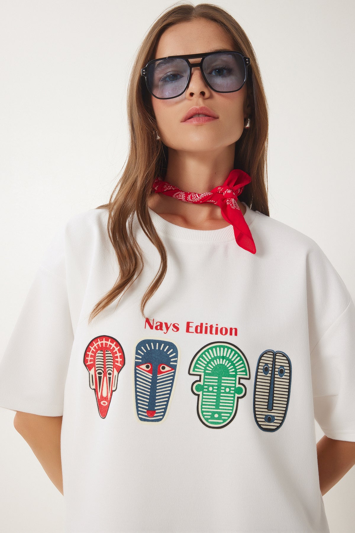 Ekru Oversize Baskılı Örme T-Shirt ZV00279