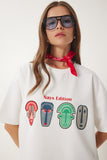 Ekru Oversize Baskılı Örme T-Shirt ZV00279