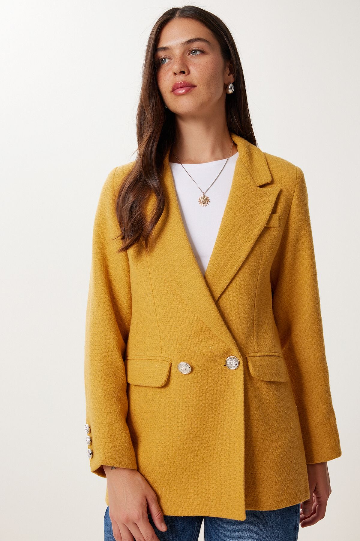 Hardal Vatkalı Şık Düğmeli Tüvit Blazer Ceket XL00005