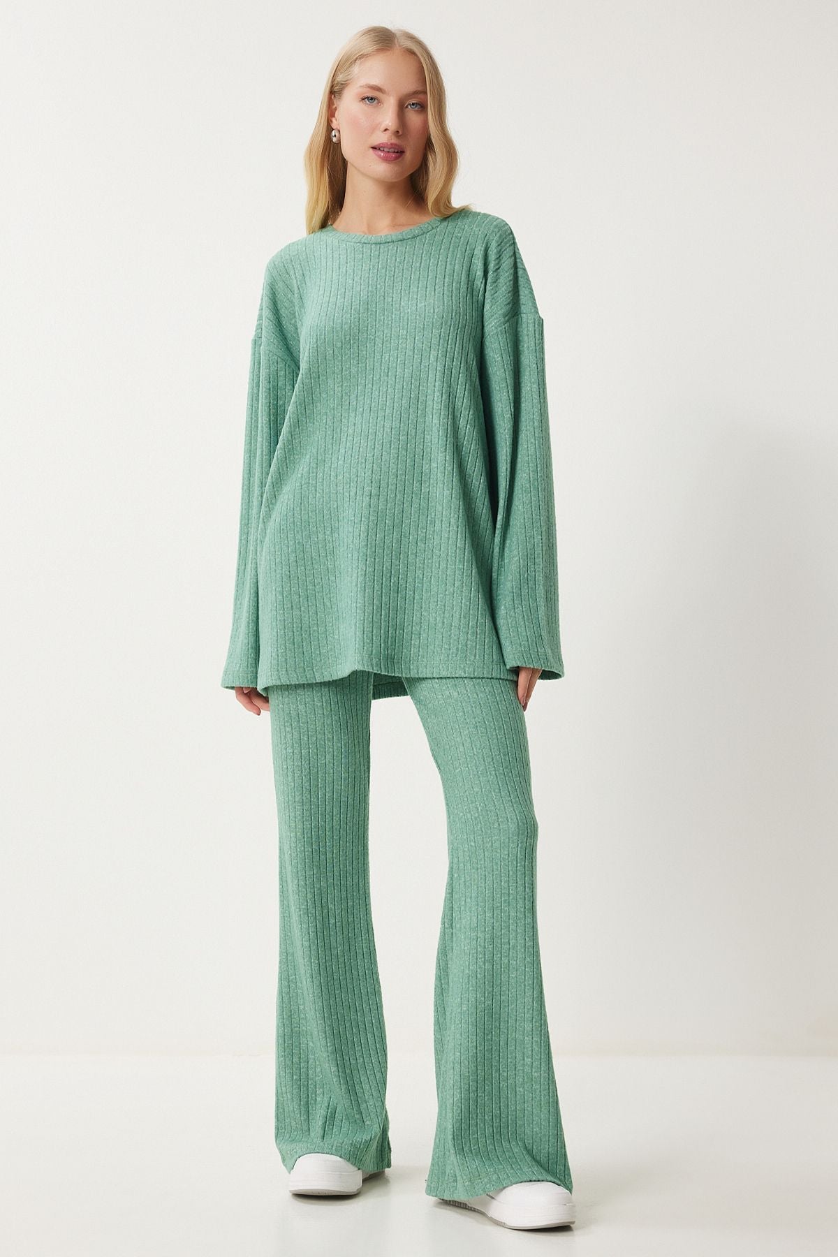 Çağla Yeşili Rahat Fitilli Örme Bluz Pantolon Takım RG00047