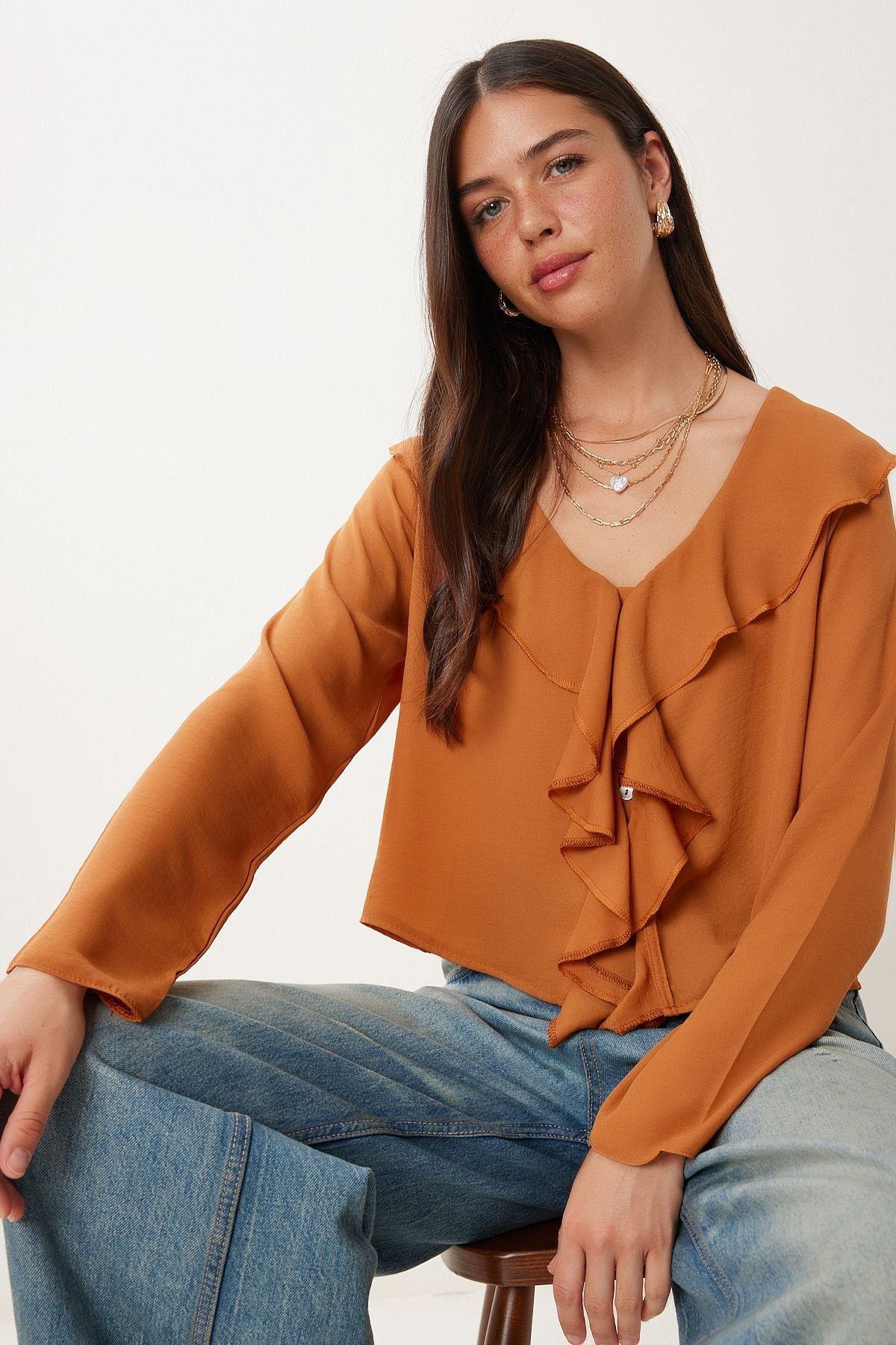 Tarçın Volanlı Hafif Transparan Şifon Bluz DM00142