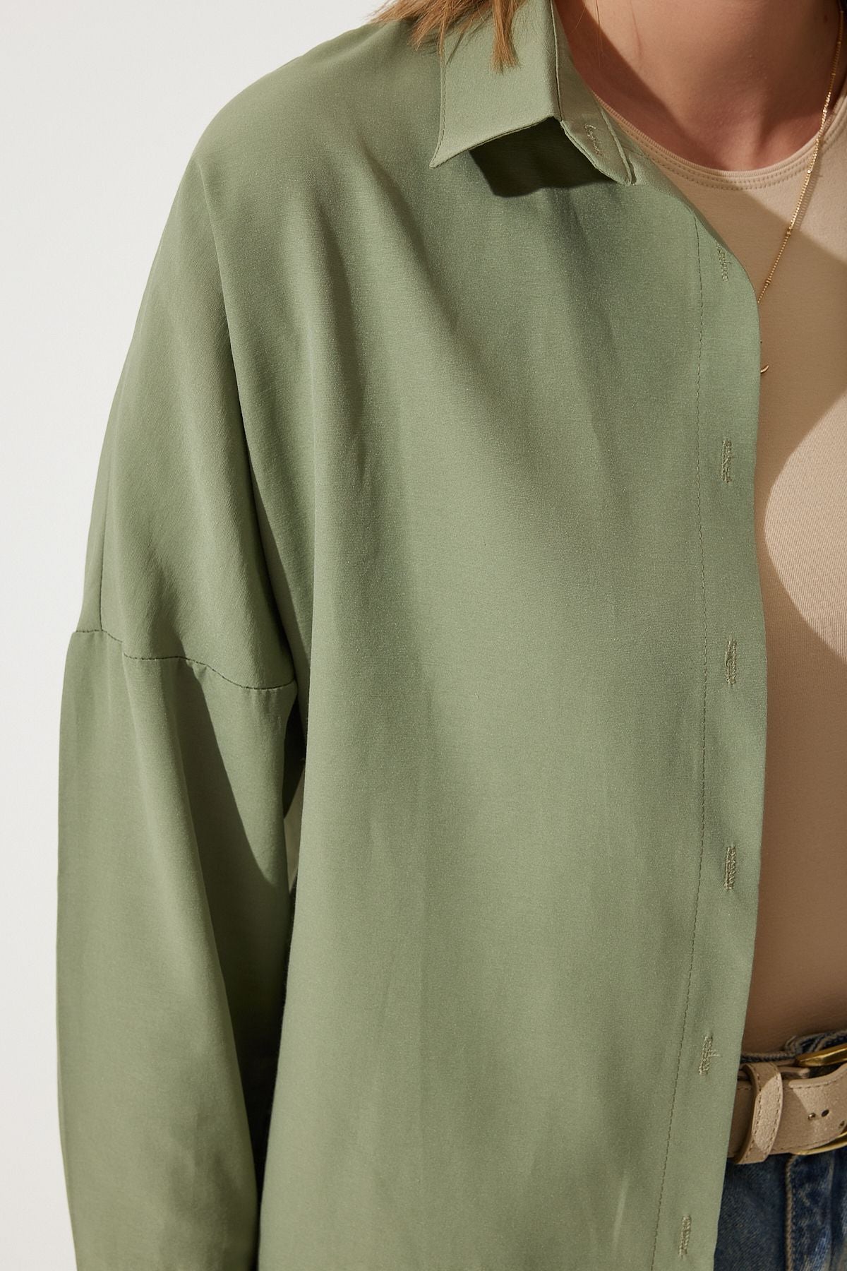 Haki Oversize Uzun Basic Gömlek DD00842