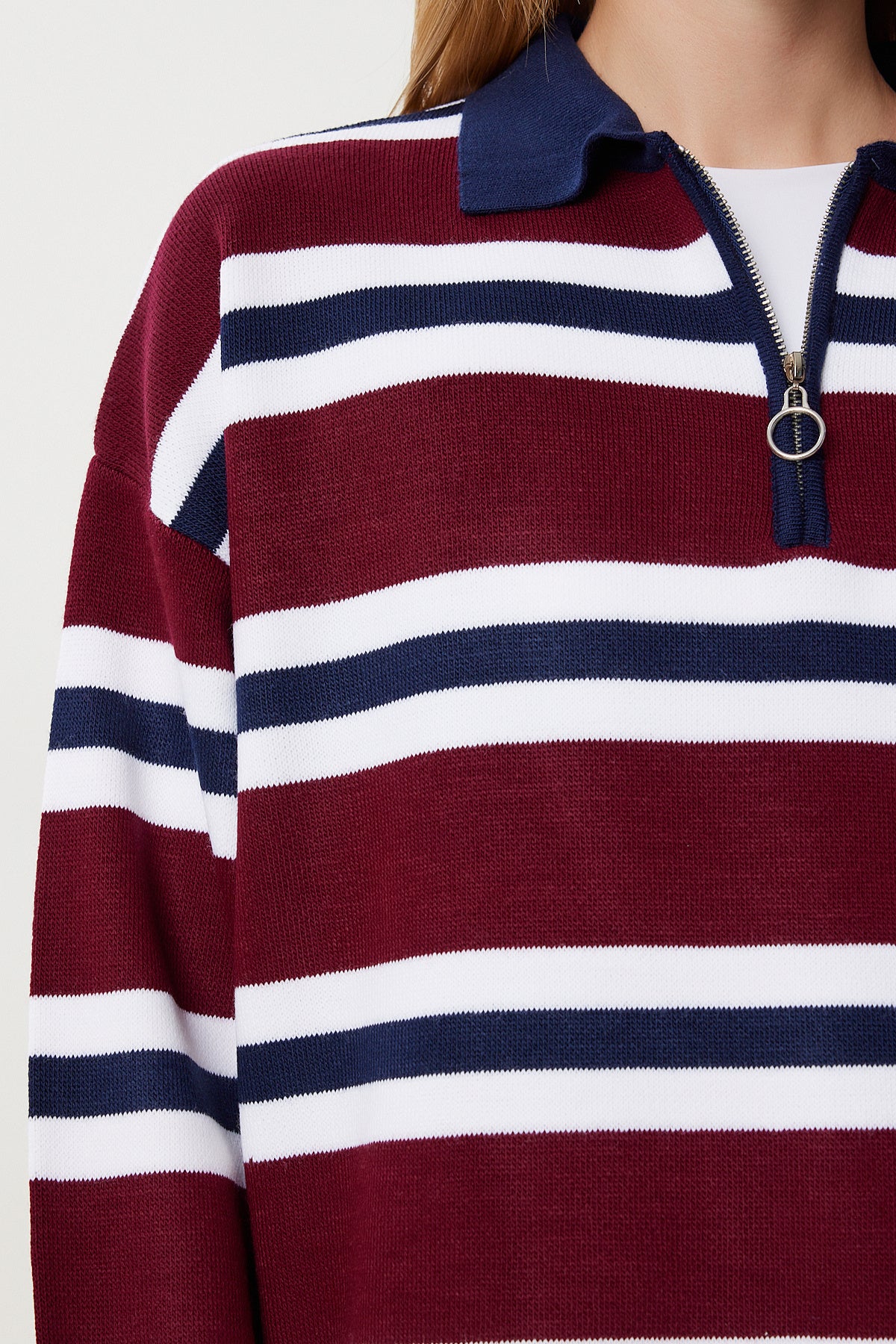 Lacivert Bordo Polo Yaka Çizgili Triko Kazak PF00118