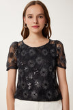 Siyah Pul İşlemeli Transparan Crop Bluz TP00065