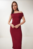 Bordo Dokulu Yazlık Midi Örme Elbise ZV00273
