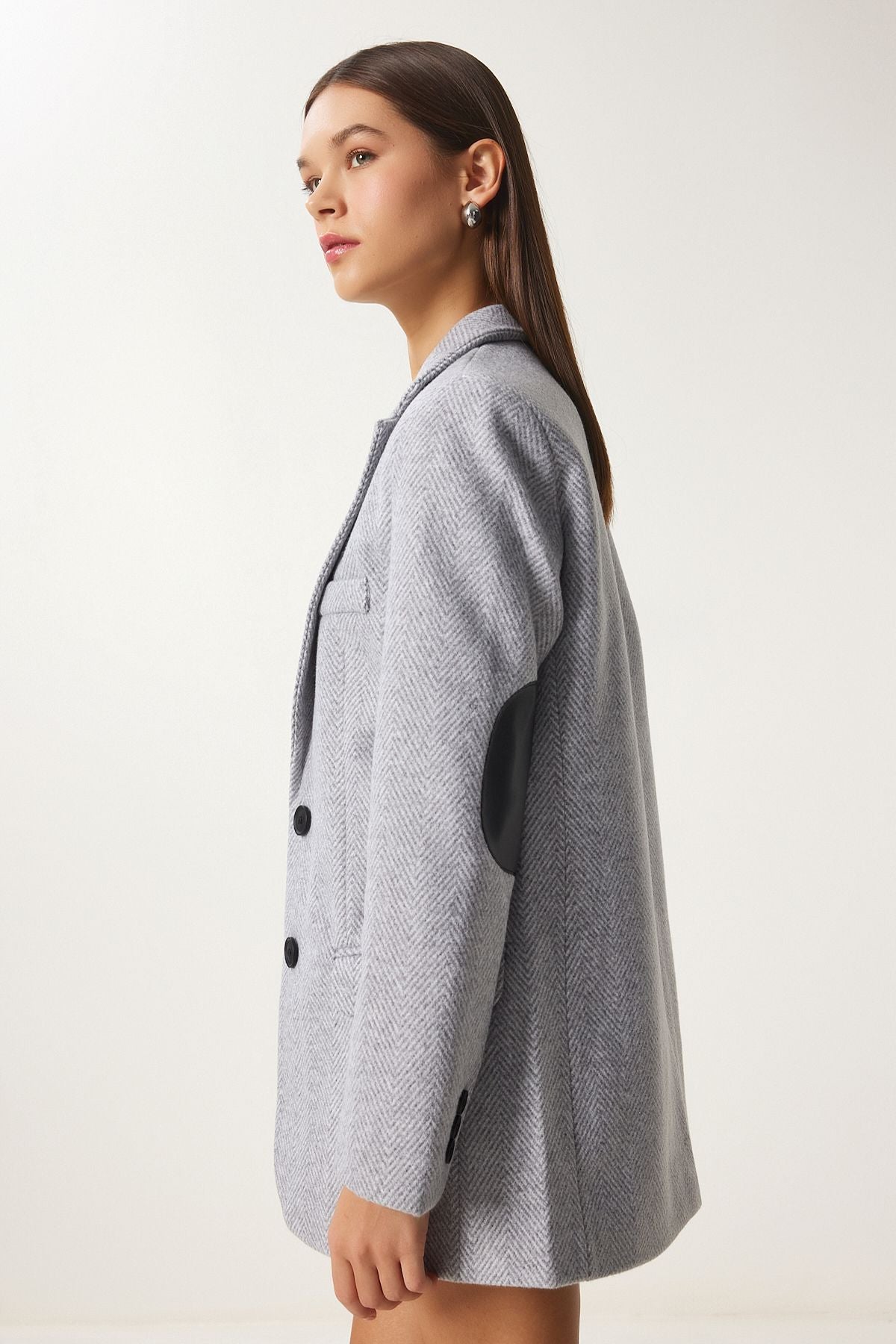 Gri Deri Detaylı Kışlık Blazer Ceket FN03405
