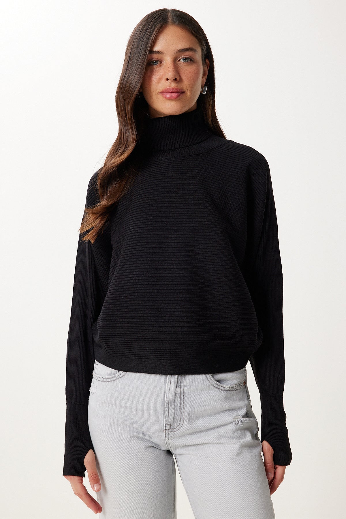 Siyah Parmak Geçmeli Crop Fitilli Triko Kazak MX00238