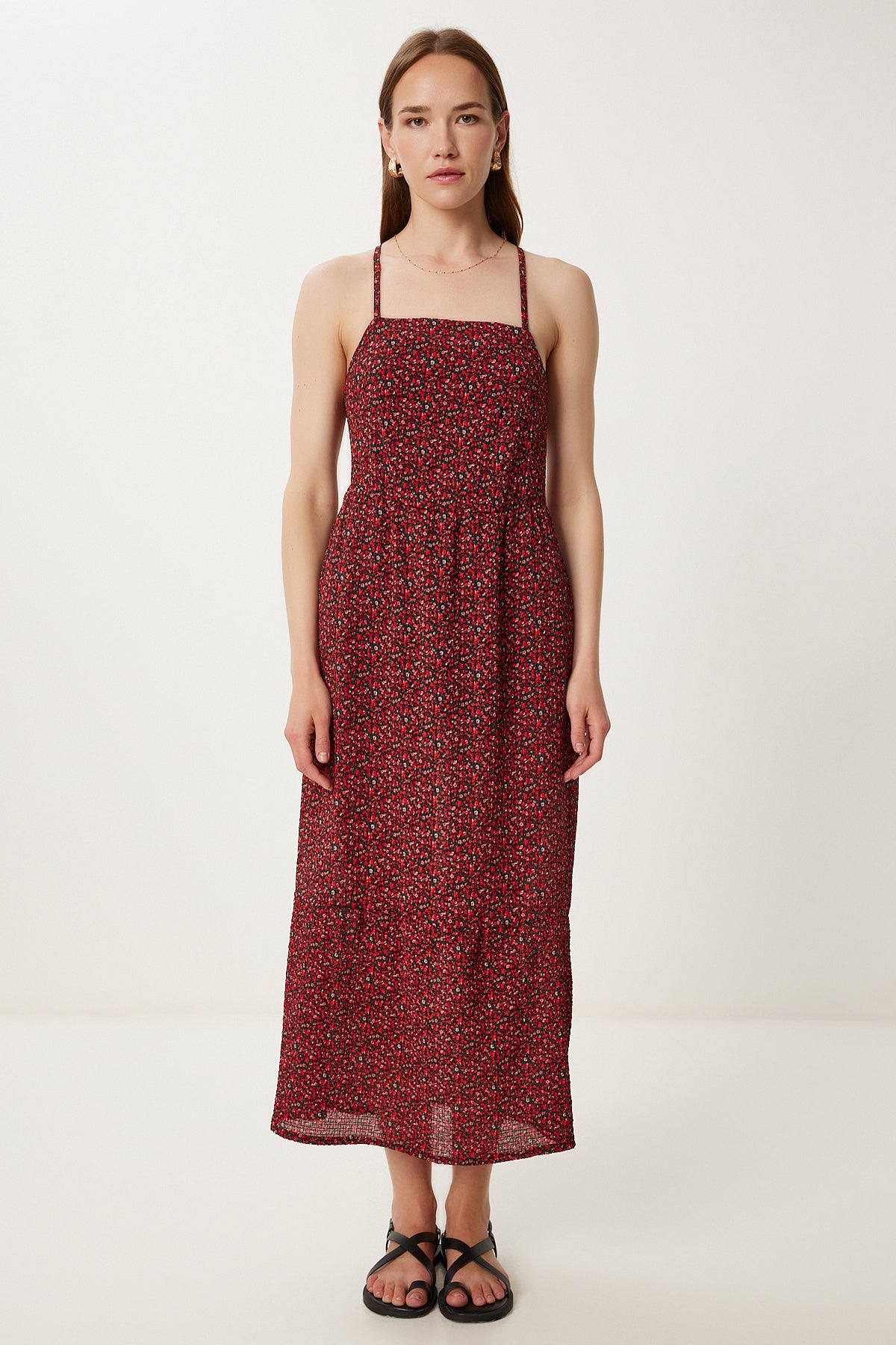 Bordo Siyah Çiçek Desenli Askılı Yazlık Midi Elbise TP00059