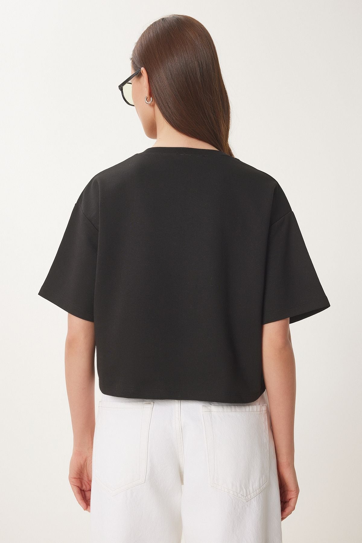 Siyah Ayıcık Armalı Crop Örme T-Shirt ZV00298