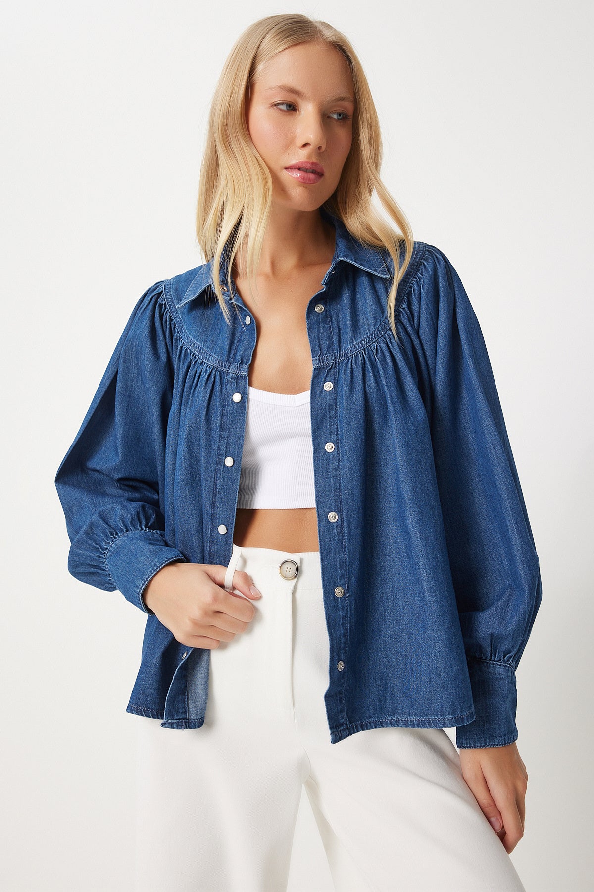 Koyu Mavi Balon Kollu Denim Gömlek RH00030